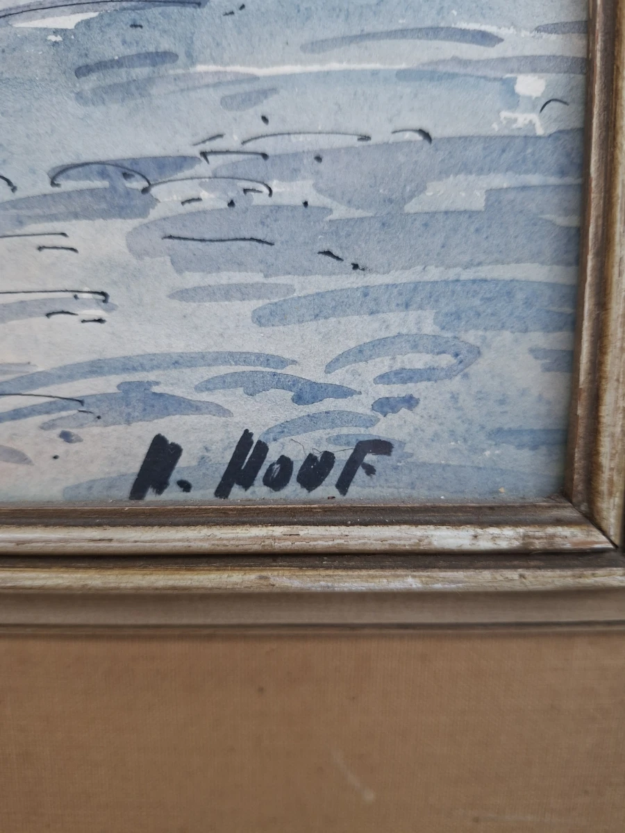 Grote Antieke Aquarel "Brugs Straatzicht met Onze-Lieve-Vrouwekerk" – Gesigneerd R. Houf (Enkel Afhalen) - foto 2