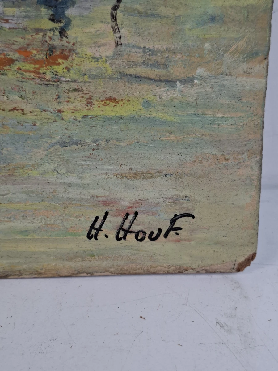 Expressief Olieverfschilderij op Paneel "Verlaten Scheepswrak aan de Oever" – Gesigneerd H. Houf - foto 2