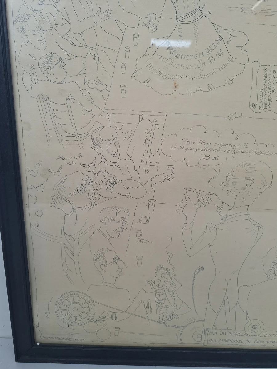Uniek en historisch: Originele Satirische Prent "Bijeenkomst van 27-10-49" – Gekaderde Spotprent! - foto 5