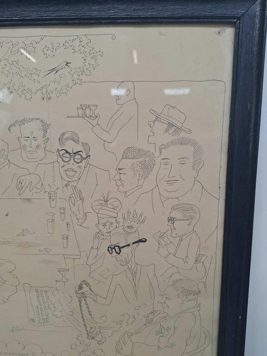 Uniek en historisch: Originele Satirische Prent "Bijeenkomst van 27-10-49" – Gekaderde Spotprent! - foto 3