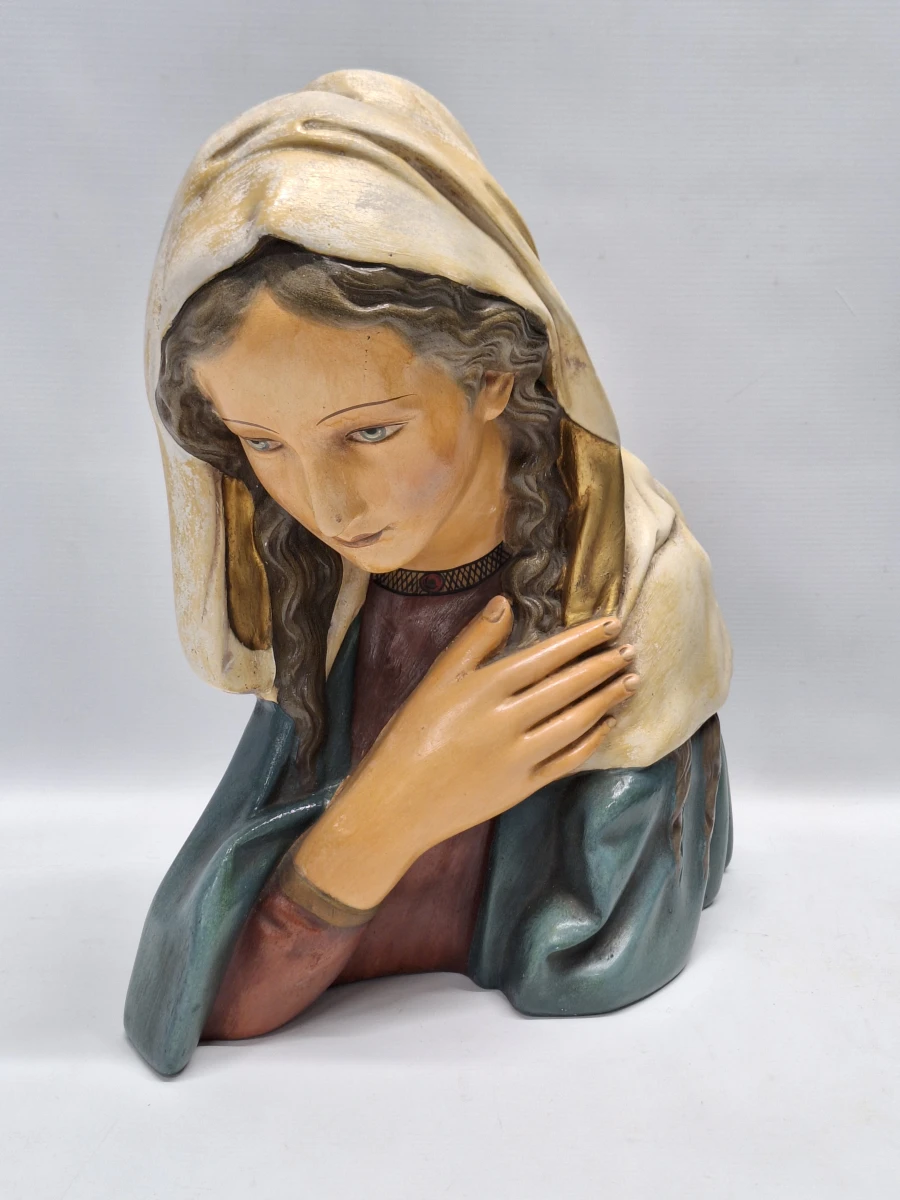2 religieuze beelden waaronder Art Deco Maria buste en Madonna met kind onder glazen stolp - foto 5