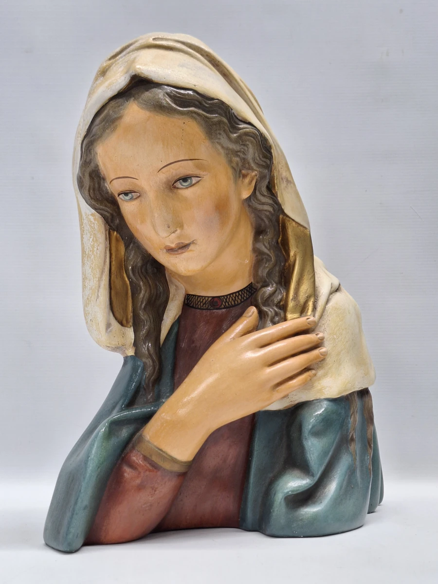 2 religieuze beelden waaronder Art Deco Maria buste en Madonna met kind onder glazen stolp - foto 6