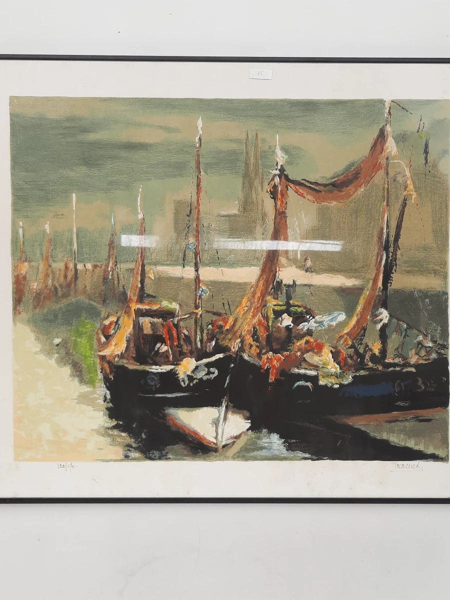 Vintage Gekleurde Lithografie Boten in de Haven – Gesigneerd & Genummerd (120/170)