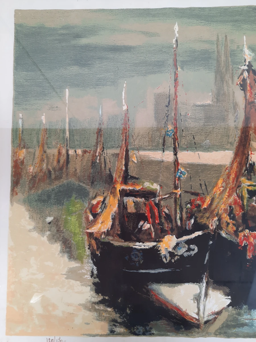 Vintage Gekleurde Lithografie Boten in de Haven – Gesigneerd & Genummerd (120/170)