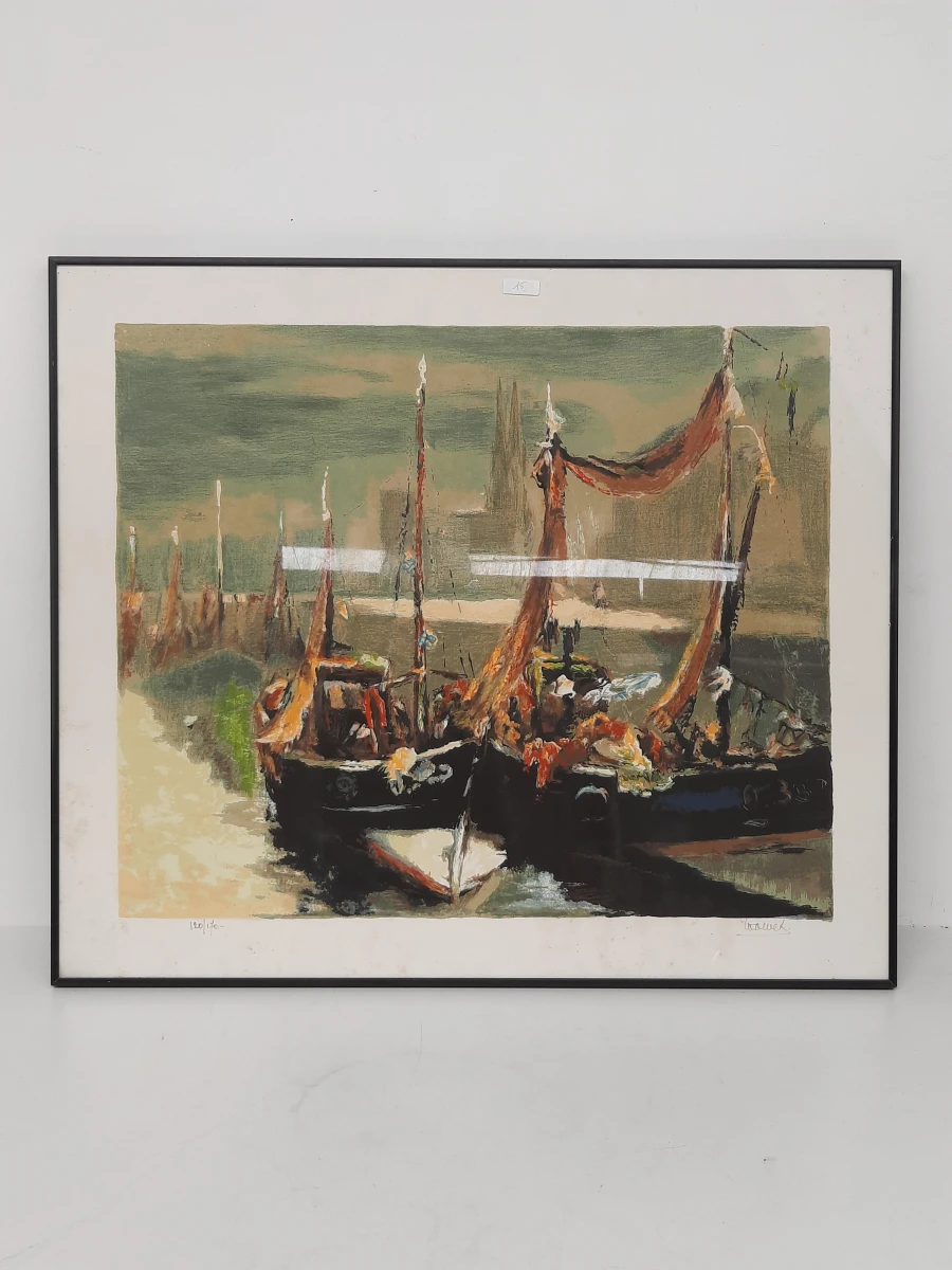 Vintage Gekleurde Lithografie Boten in de Haven – Gesigneerd & Genummerd (120/170)
