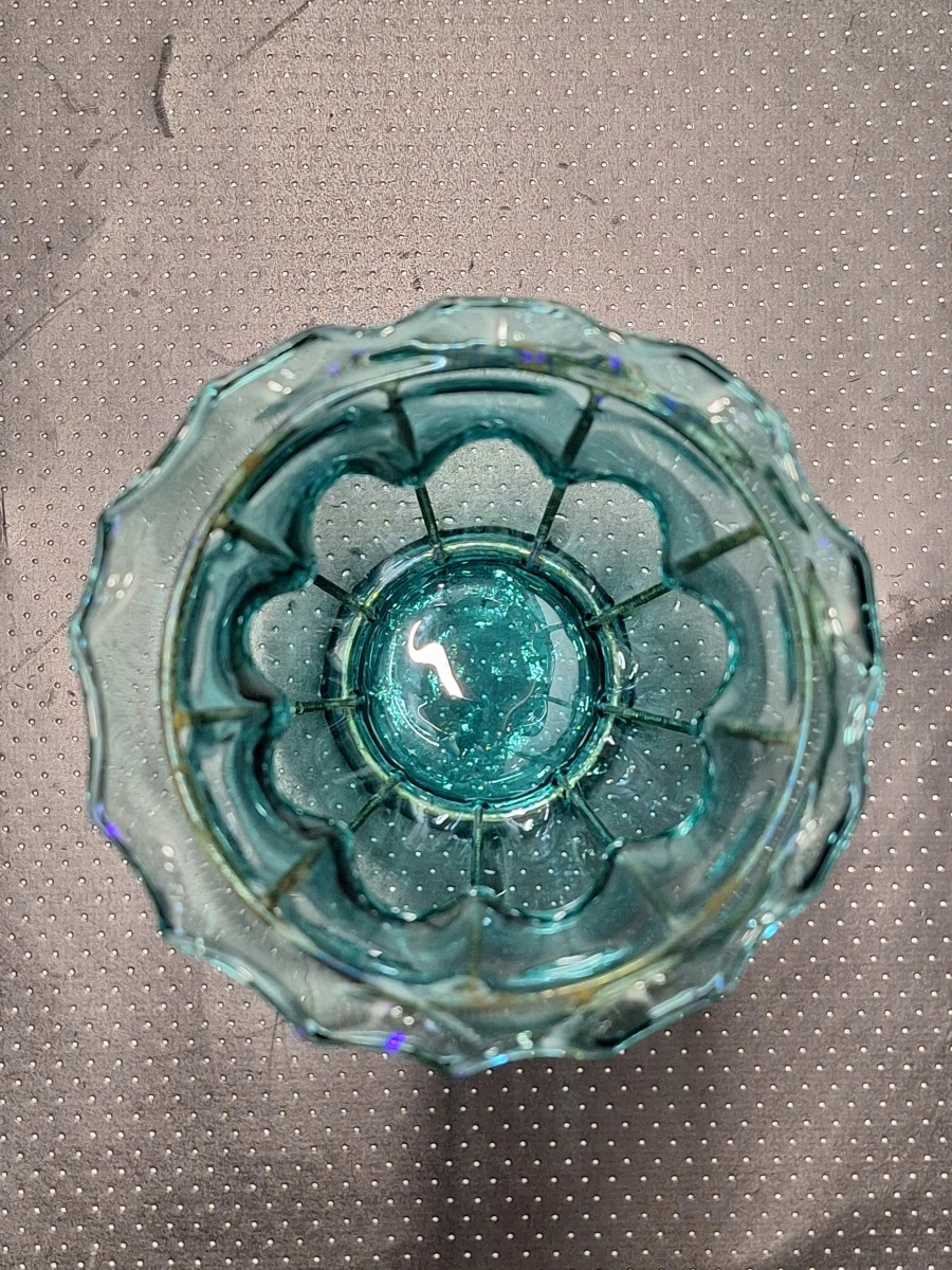 Vintage turquoise glazen vaas in Murano-stijl met metalen frame - foto 7