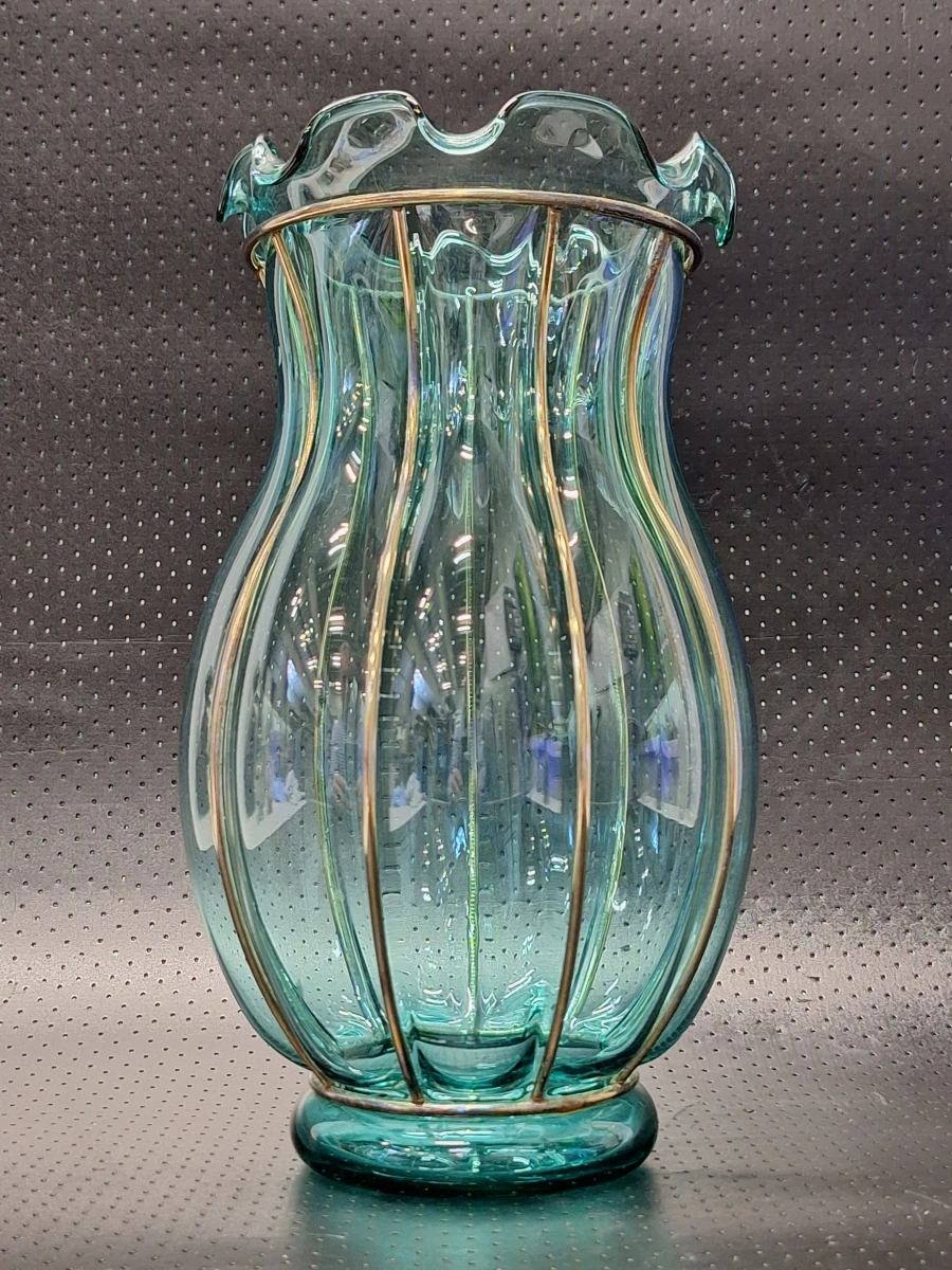 Vintage turquoise glazen vaas in Murano-stijl met metalen frame - foto 5