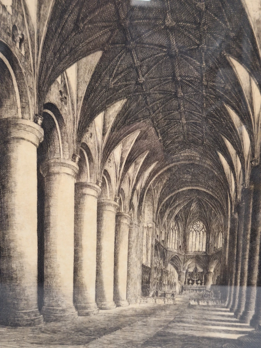 Jos Van Giel (1892–1972) - originele ets "Tewkesbury Abbey - Nave" (gelimiteerde oplage 40/50) - foto 3