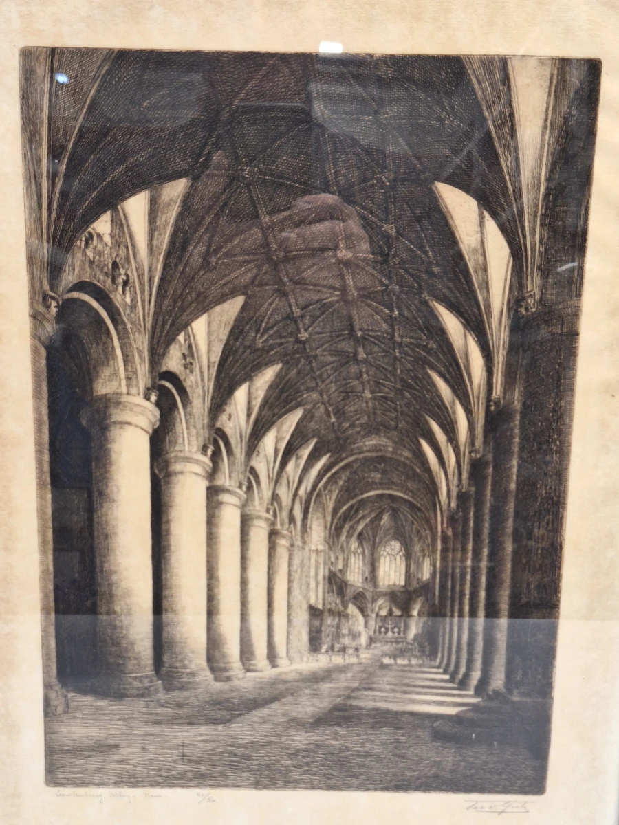Jos Van Giel (1892–1972) - originele ets "Tewkesbury Abbey - Nave" (gelimiteerde oplage 40/50) - foto 2