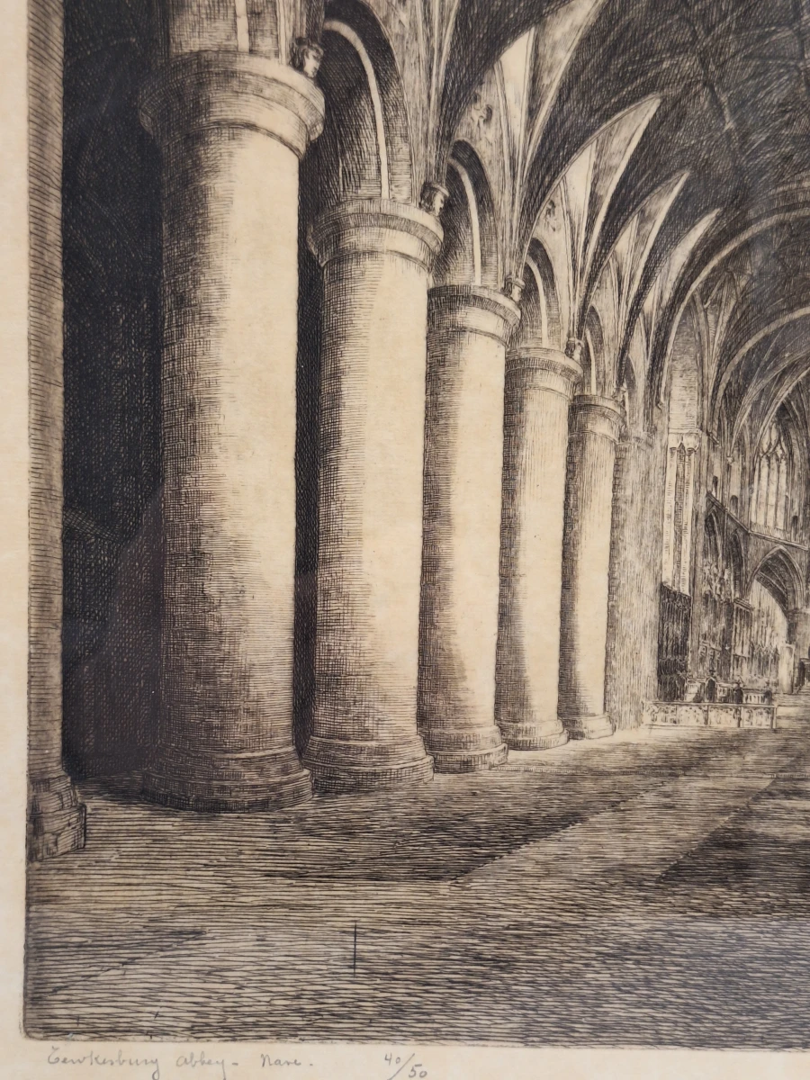 Jos Van Giel (1892–1972) - originele ets "Tewkesbury Abbey - Nave" (gelimiteerde oplage 40/50) - foto 4