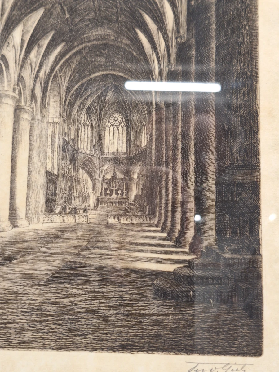 Jos Van Giel (1892–1972) - originele ets "Tewkesbury Abbey - Nave" (gelimiteerde oplage 40/50) - foto 6