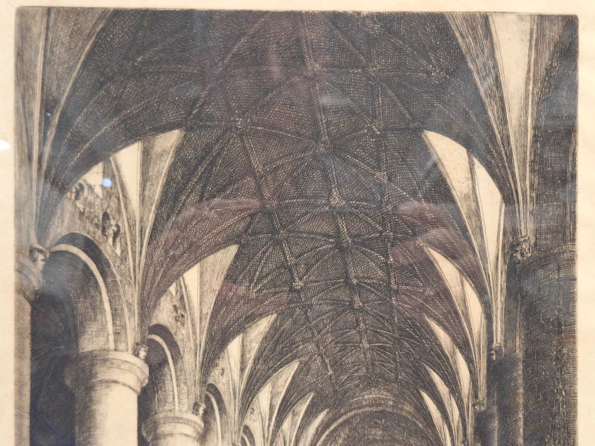 Jos Van Giel (1892–1972) - originele ets "Tewkesbury Abbey - Nave" (gelimiteerde oplage 40/50) - foto 5