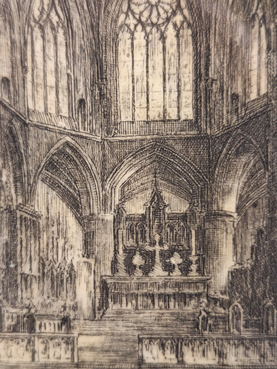 Jos Van Giel (1892–1972) - originele ets "Tewkesbury Abbey - Nave" (gelimiteerde oplage 40/50) - foto 8