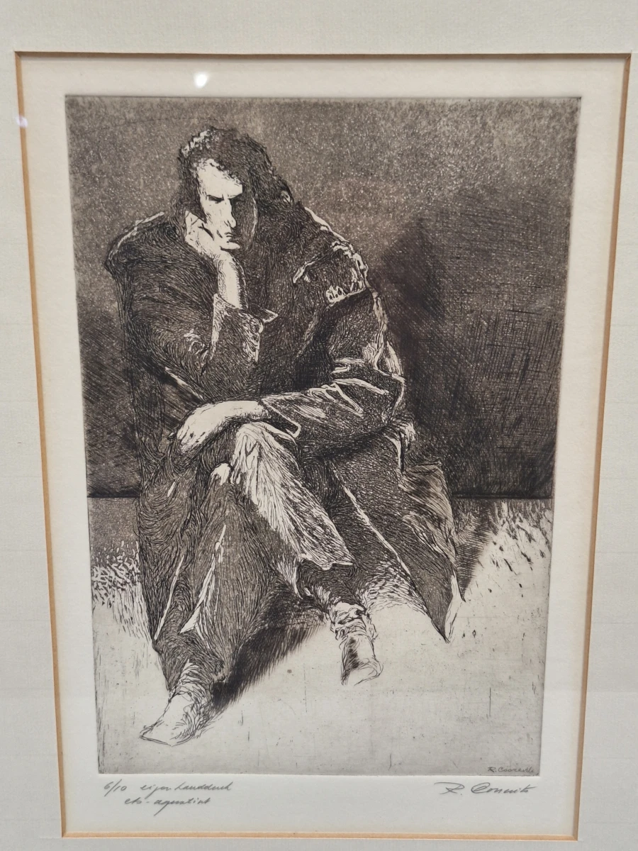 Originele ets en aquatint "De Denker / Piekerende Man" door R. Coorevits - zeldzame eigen handdruk (6/10) - foto 2