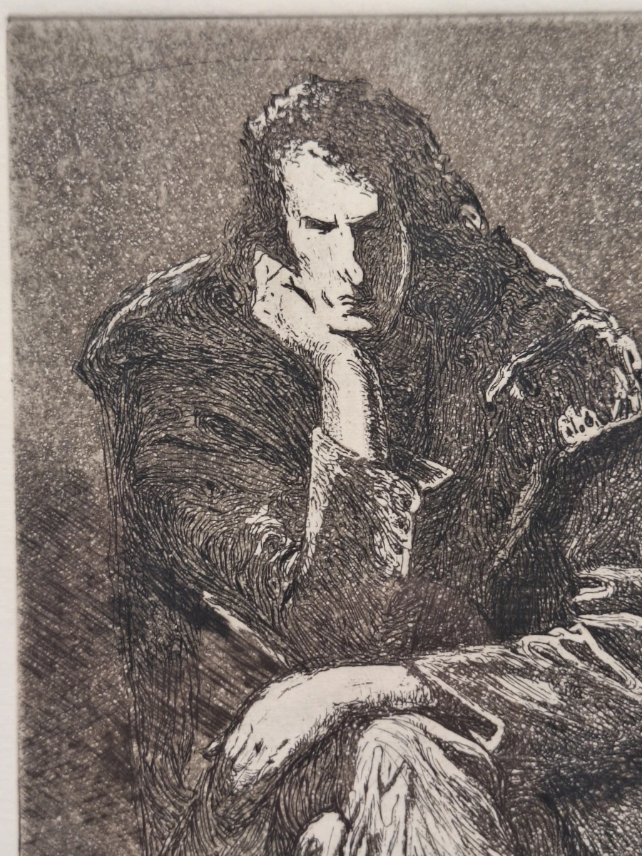 Originele ets en aquatint "De Denker / Piekerende Man" door R. Coorevits - zeldzame eigen handdruk (6/10) - foto 3