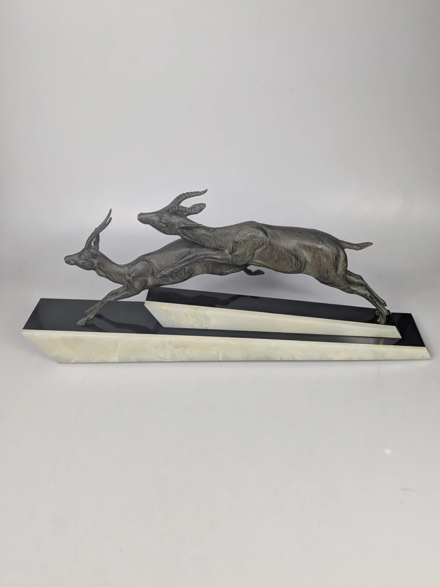 Kunstbronzen Art Deco beeld van 2 rennende gazelles - foto 5