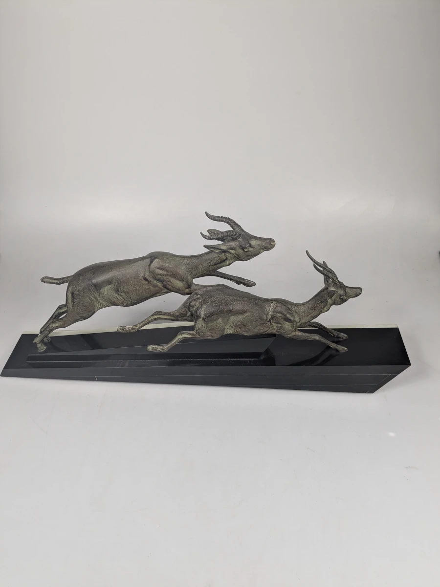 Kunstbronzen Art Deco beeld van 2 rennende gazelles - foto 2