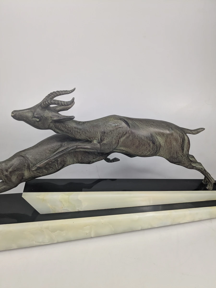 Kunstbronzen Art Deco beeld van 2 rennende gazelles - foto 7