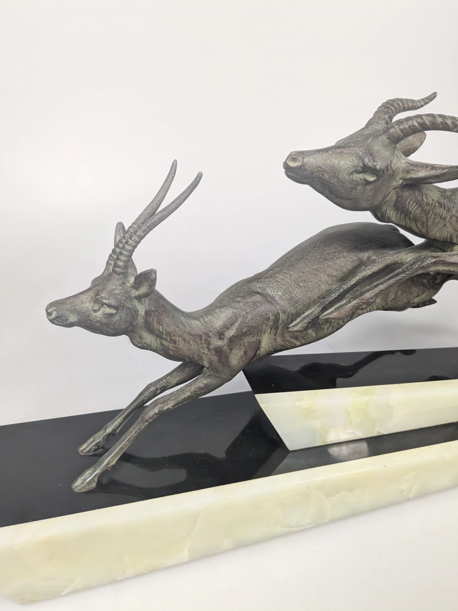 Kunstbronzen Art Deco beeld van 2 rennende gazelles - foto 6
