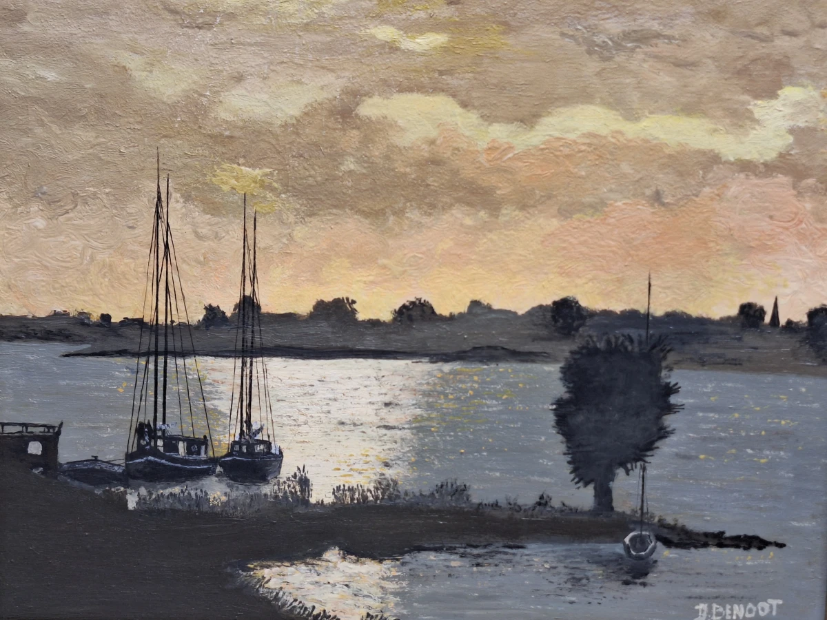 Schilderij - Rivierlandschap bij Zonsondergang / Avondstond - D. Benoot - foto 3