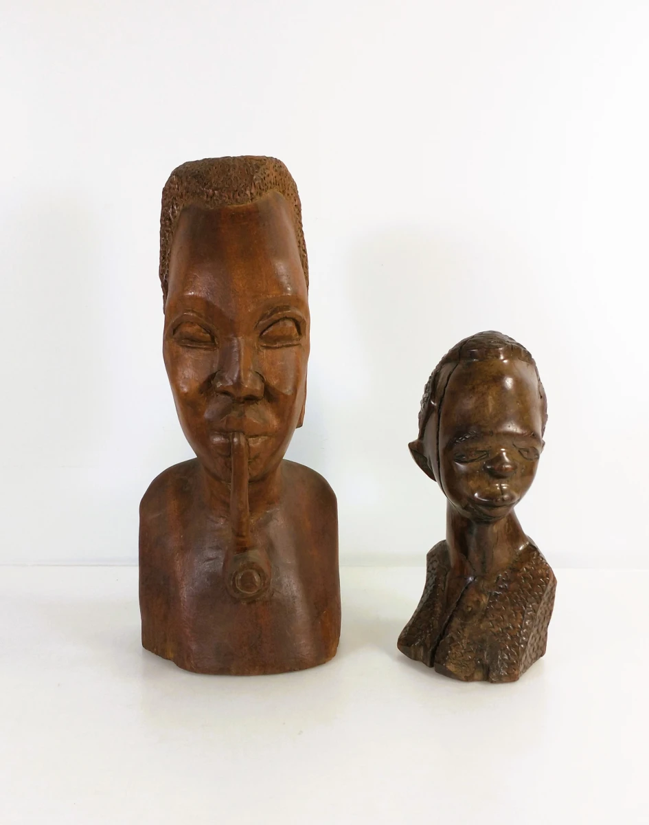 Twee Afrikaanse houten bustes, handgesneden, 20e eeuw - foto 11