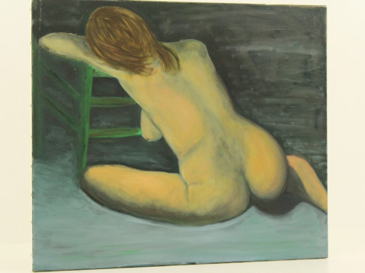 zittend vrouwelijk naakt in subtiele blauwtinten- Acryl op canvas - foto 2