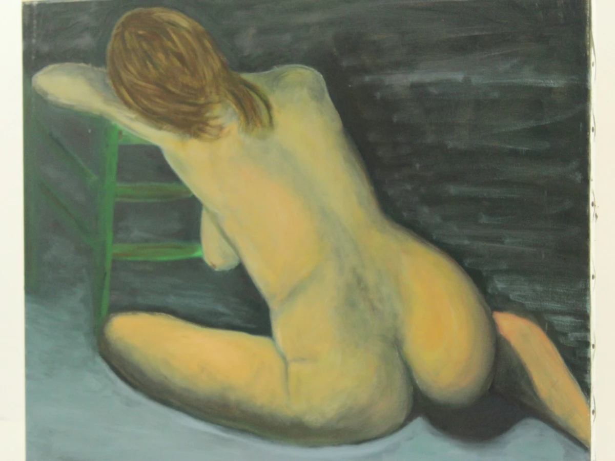 zittend vrouwelijk naakt in subtiele blauwtinten- Acryl op canvas - foto 3