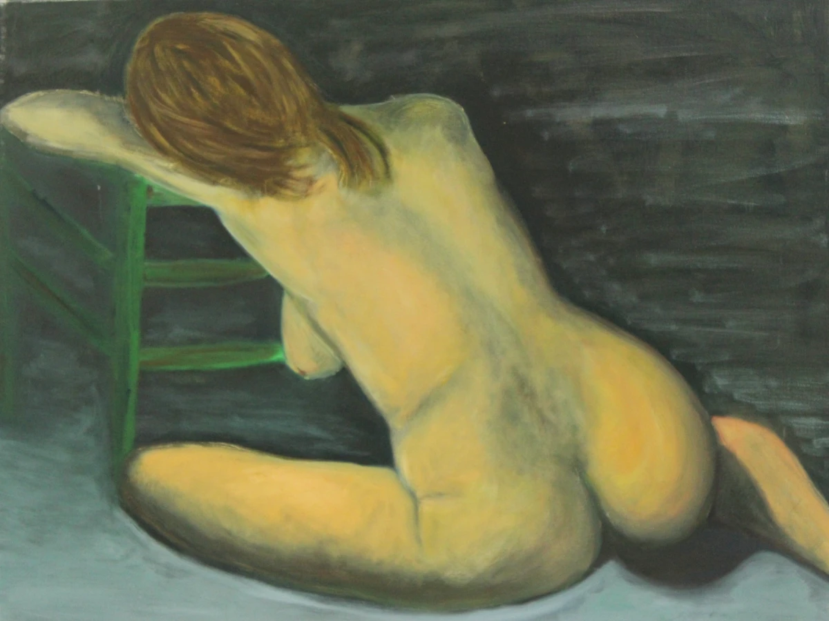 zittend vrouwelijk naakt in subtiele blauwtinten- Acryl op canvas - foto 4