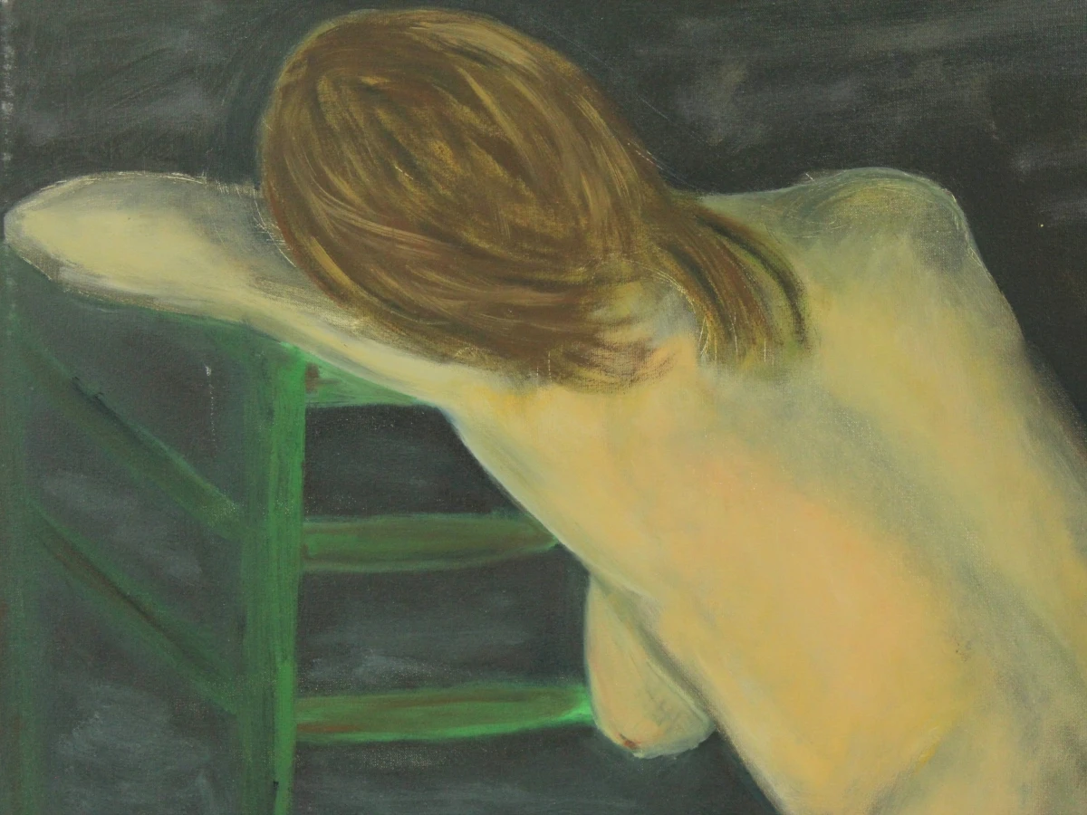 zittend vrouwelijk naakt in subtiele blauwtinten- Acryl op canvas - foto 5