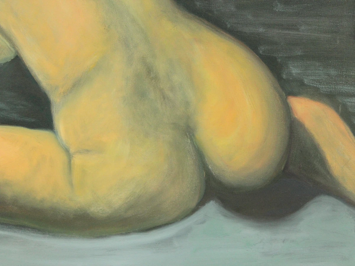 zittend vrouwelijk naakt in subtiele blauwtinten- Acryl op canvas - foto 6