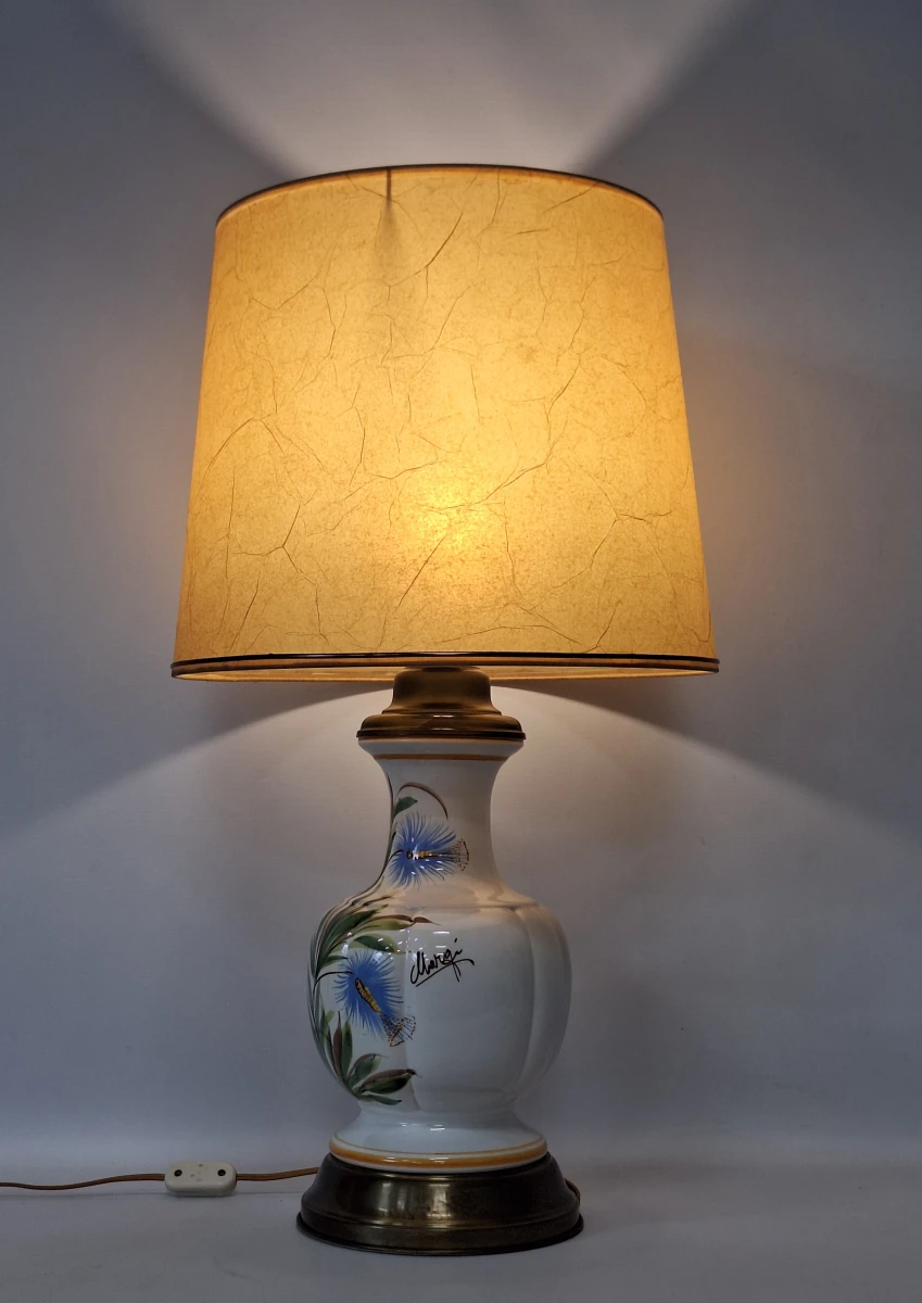 Vintage handbeschilderde keramische tafellamp ‘Margi’ - floraal decor & messing voet - foto 2