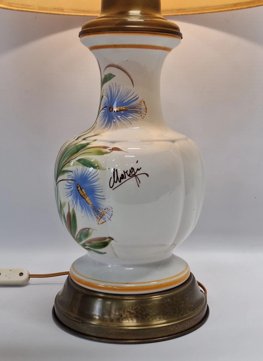 Vintage handbeschilderde keramische tafellamp ‘Margi’ - floraal decor & messing voet - foto 6