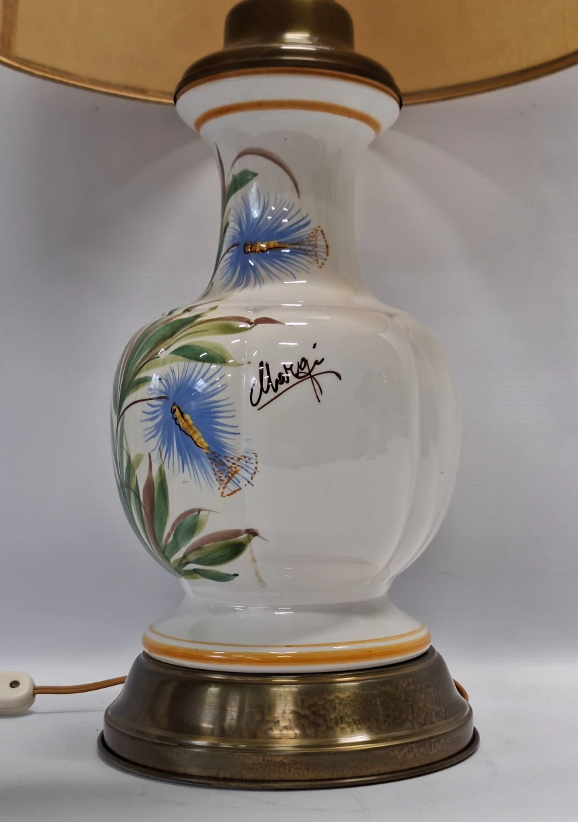 Vintage handbeschilderde keramische tafellamp ‘Margi’ - floraal decor & messing voet - foto 5