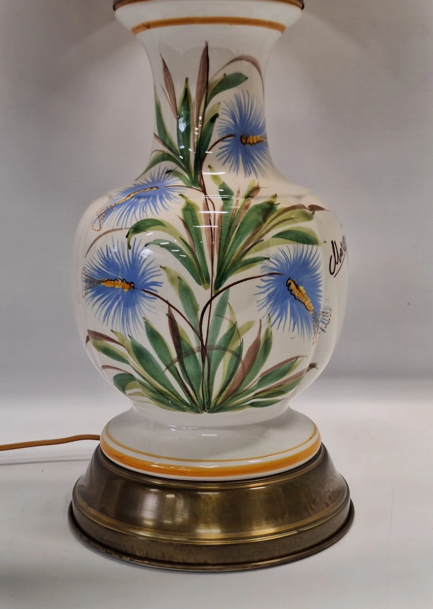 Vintage handbeschilderde keramische tafellamp ‘Margi’ - floraal decor & messing voet - foto 4