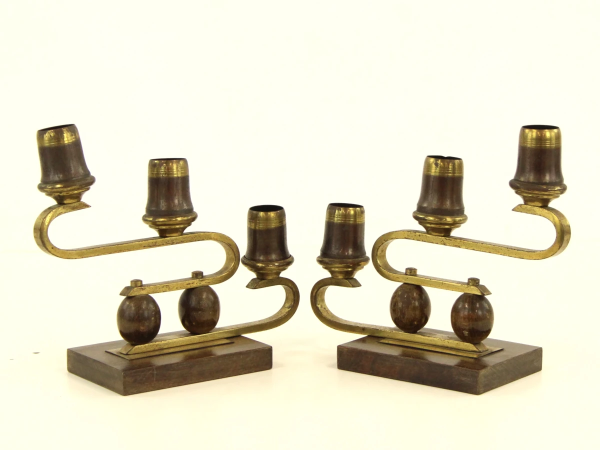 Art Deco kandelaren set van messing en hout – kavel bij De Kringwinkel, Antwerpen