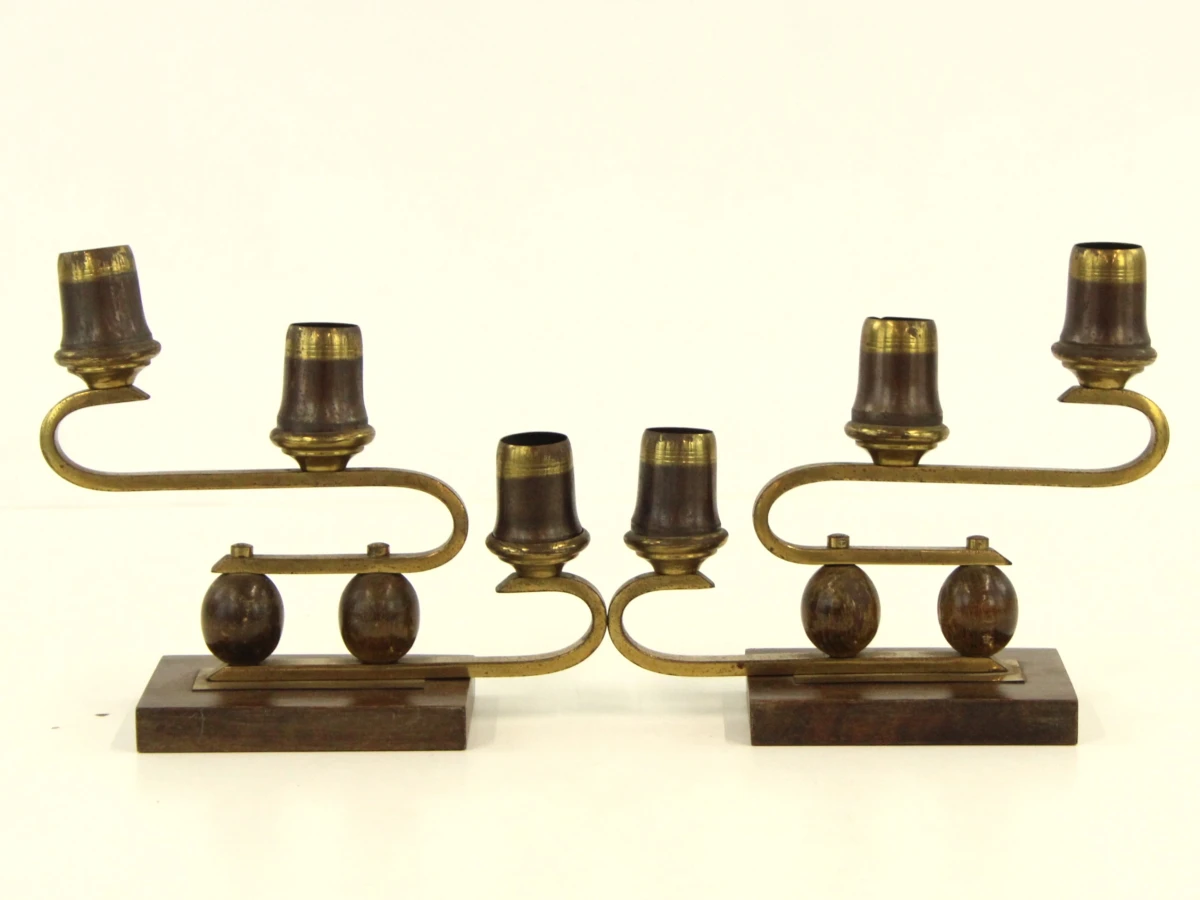 Art Deco kandelaren set van messing en hout - foto 4
