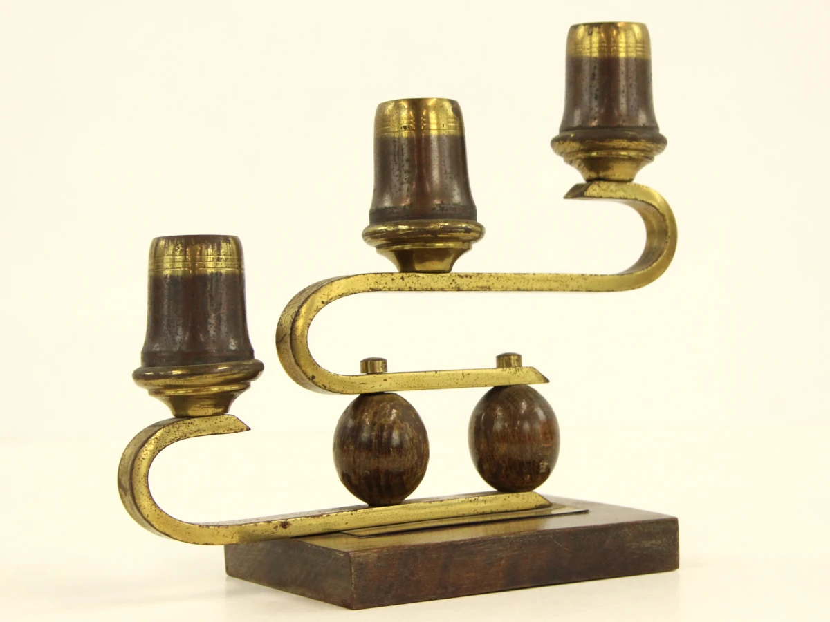Art Deco kandelaren set van messing en hout - foto 5
