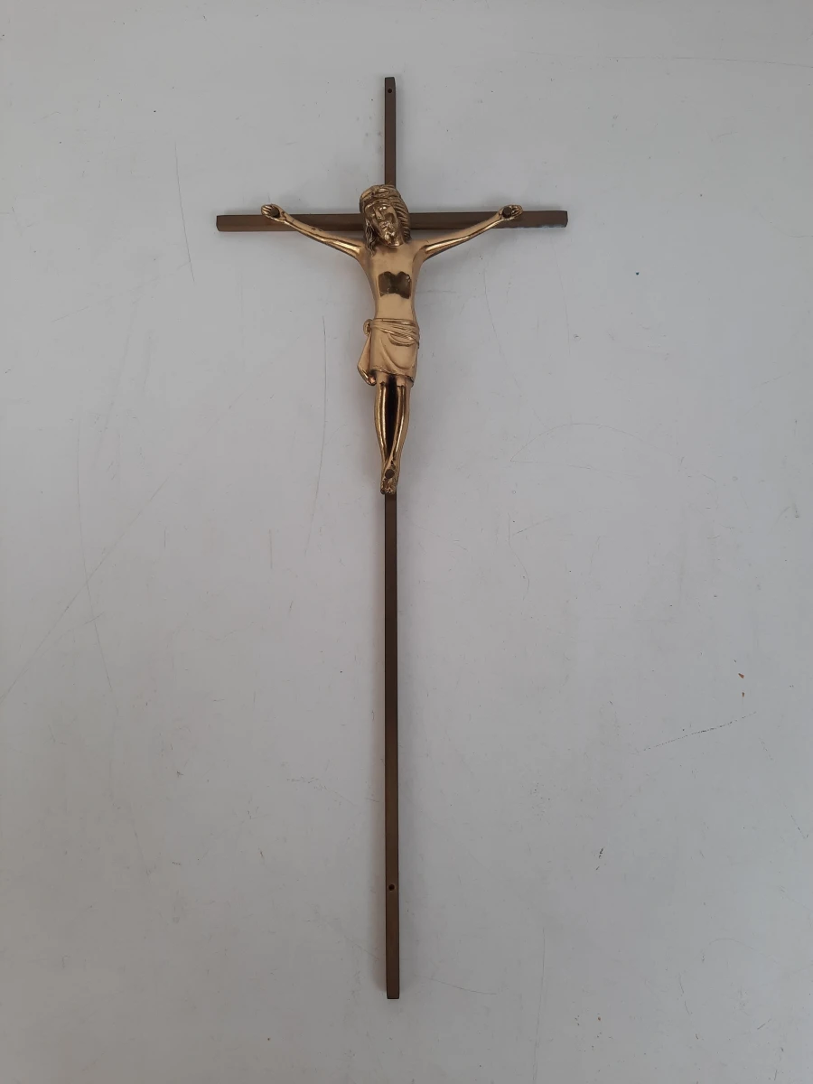 Klassiek Koperen/Messing Wandkruisbeeld – Vintage Kruis met Christusfiguur