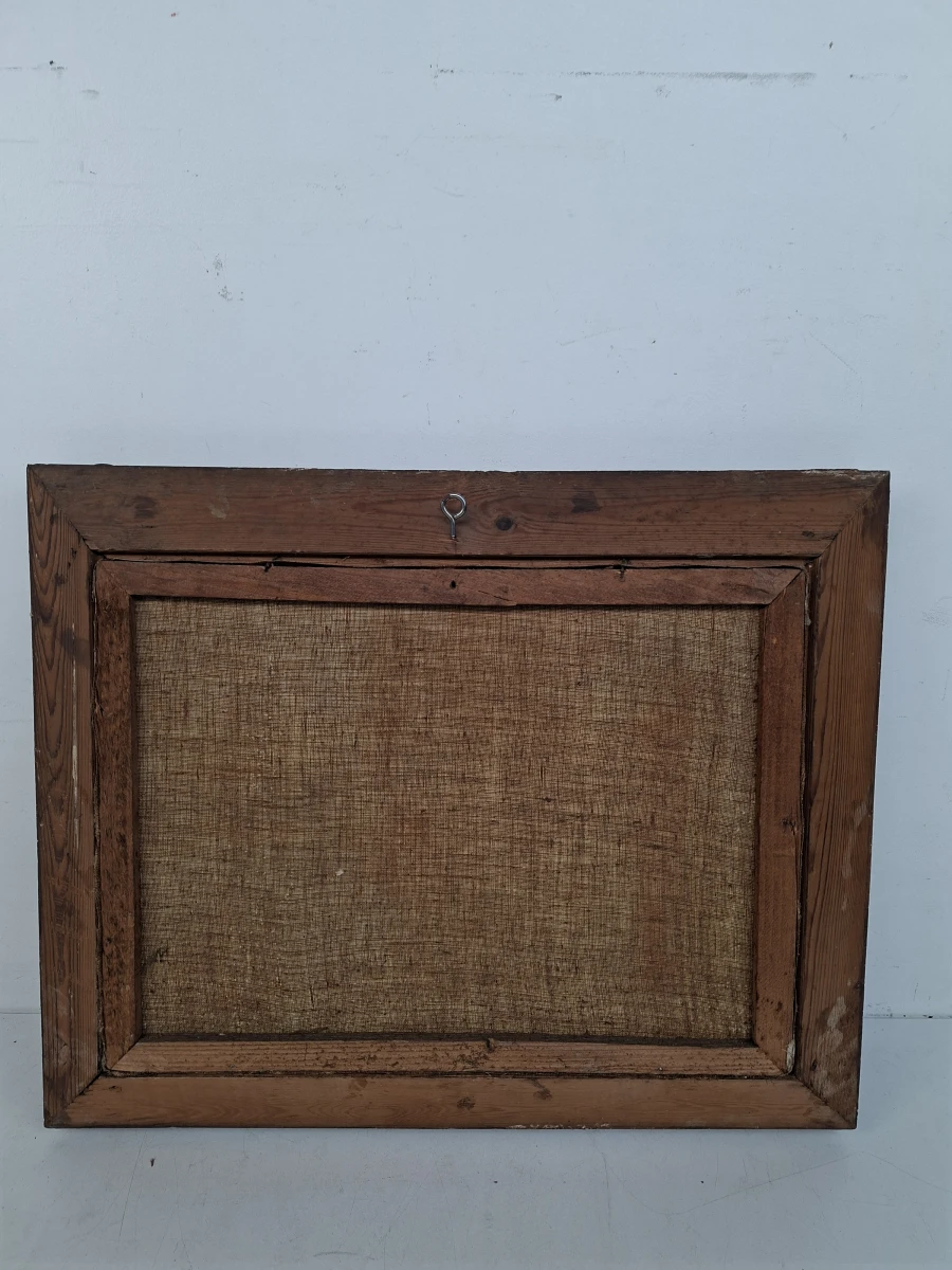 Vintage Olieverfschilderij op Doek – Krantenlezende Man in Nostalgisch Interieur – Goudkleurige Baroklijst - foto 2