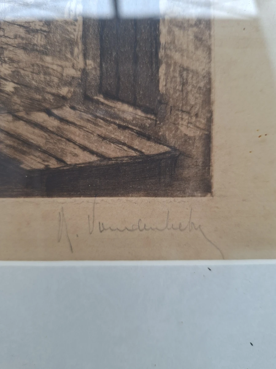 Authentieke Ets van het Rozenhoedkaai Brugge met Belfort – Handgesigneerd J. Vanlandeghem – Luxe Wortelhout Look Lijst - foto 2