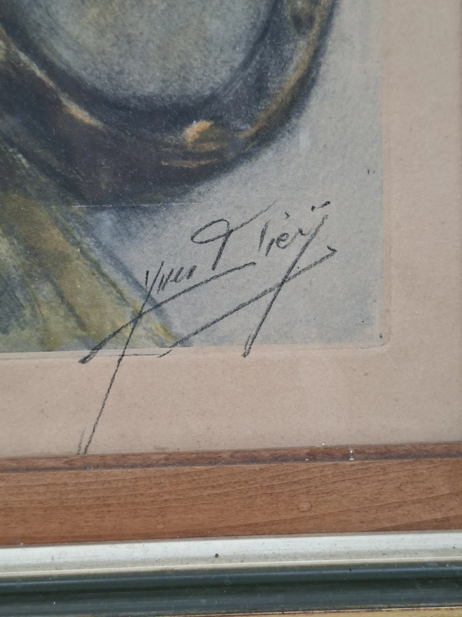 Groot Vintage Schilderij – "Zigeunerin met Tamboerijn" in de stijl van Yves Diey – Goudkleurige Kader (66x85 cm) - foto 2