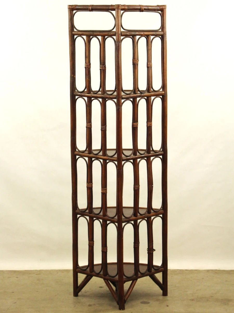 Vintage rotan hoekkastje / hoekrek met 5 houten legplanken - 150 cm hoog - foto 8