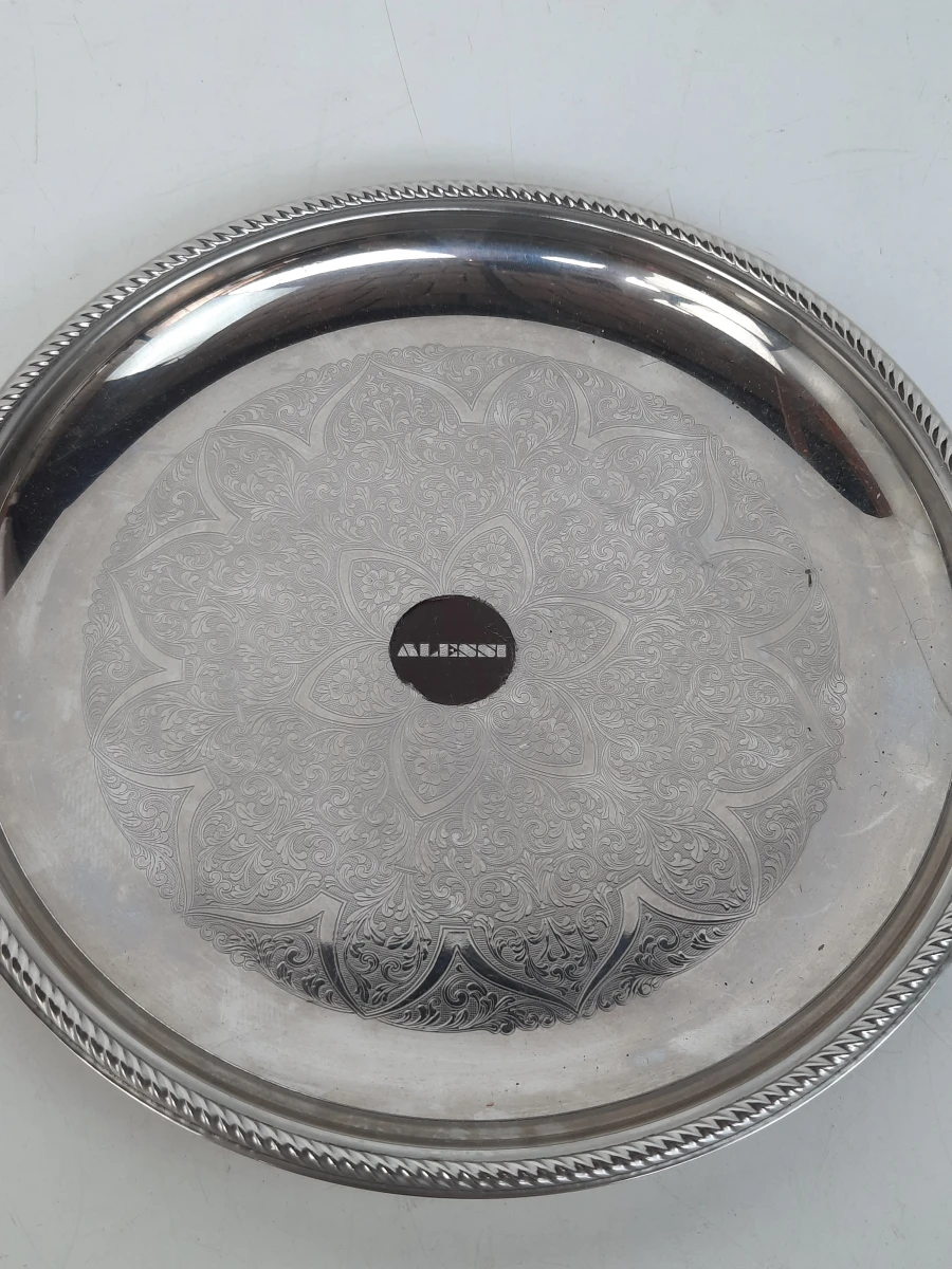 Vintage Alessi "Mercurio" Dienblad – Geëtst Bloemenmotief – Inox 18/10 Italië