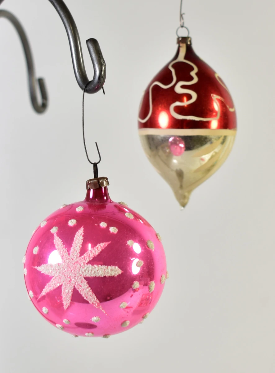 Verzameling van 11 vintage glazen kerstballen met piek in doos - foto 3