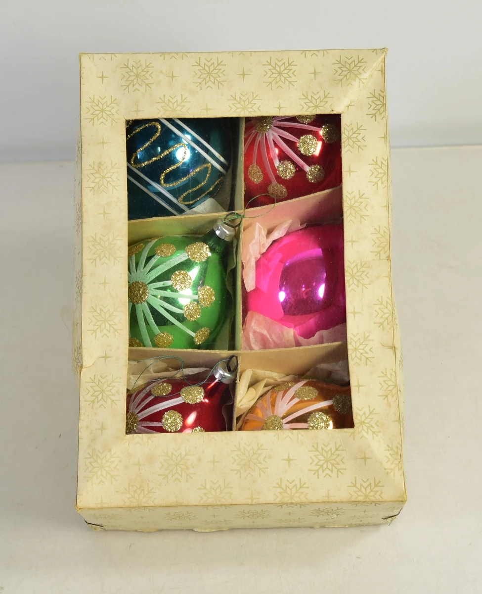 Set van 6 vintage glazen kerstballen in originele doos - foto 2