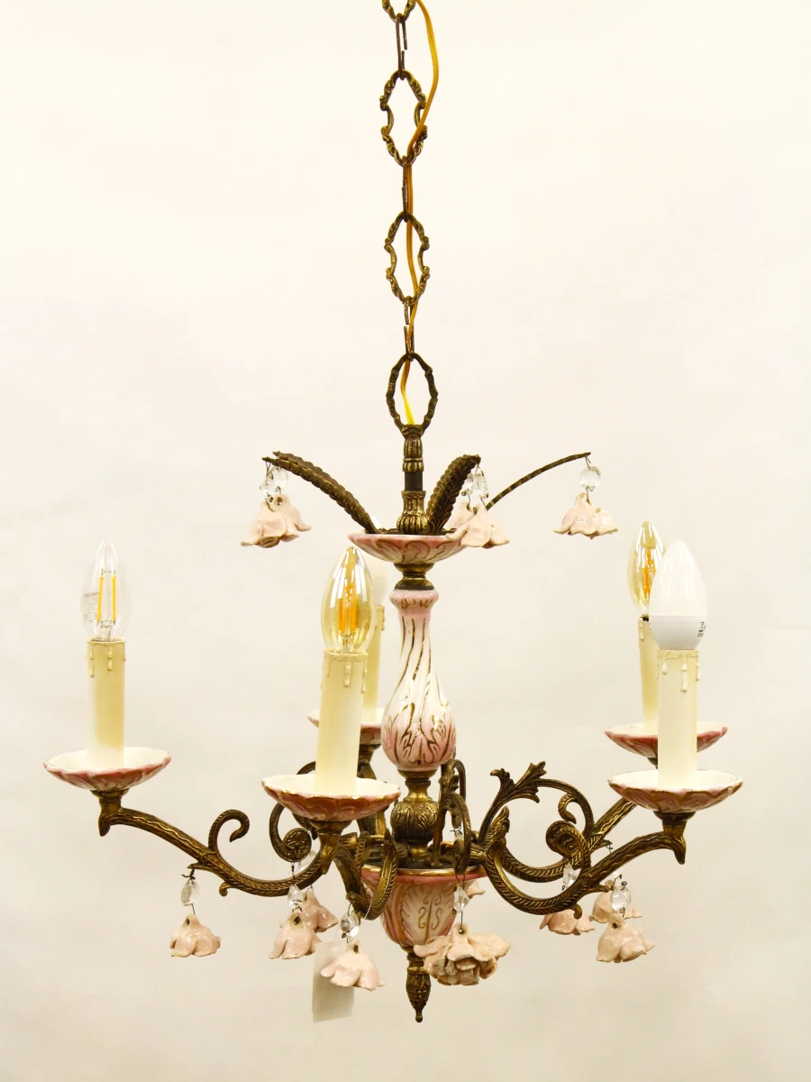 Vintage romantische kroonluchter  - 5-armig - roze porselein & messingkleurig metaal - bloemen - foto 3