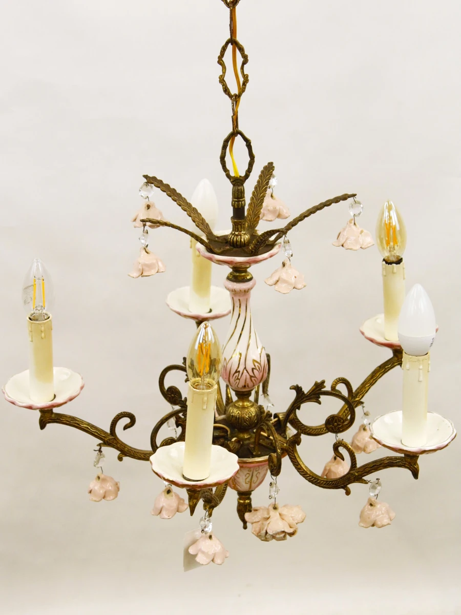 Vintage romantische kroonluchter  - 5-armig - roze porselein & messingkleurig metaal - bloemen - foto 5