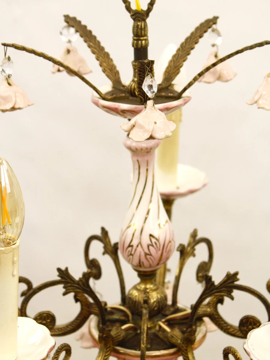 Vintage romantische kroonluchter  - 5-armig - roze porselein & messingkleurig metaal - bloemen - foto 6