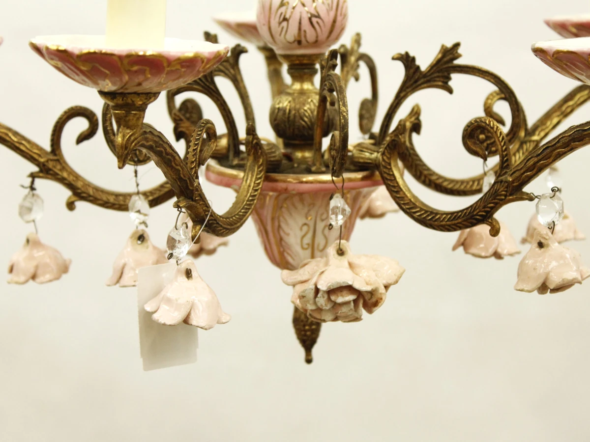 Vintage romantische kroonluchter  - 5-armig - roze porselein & messingkleurig metaal - bloemen - foto 7