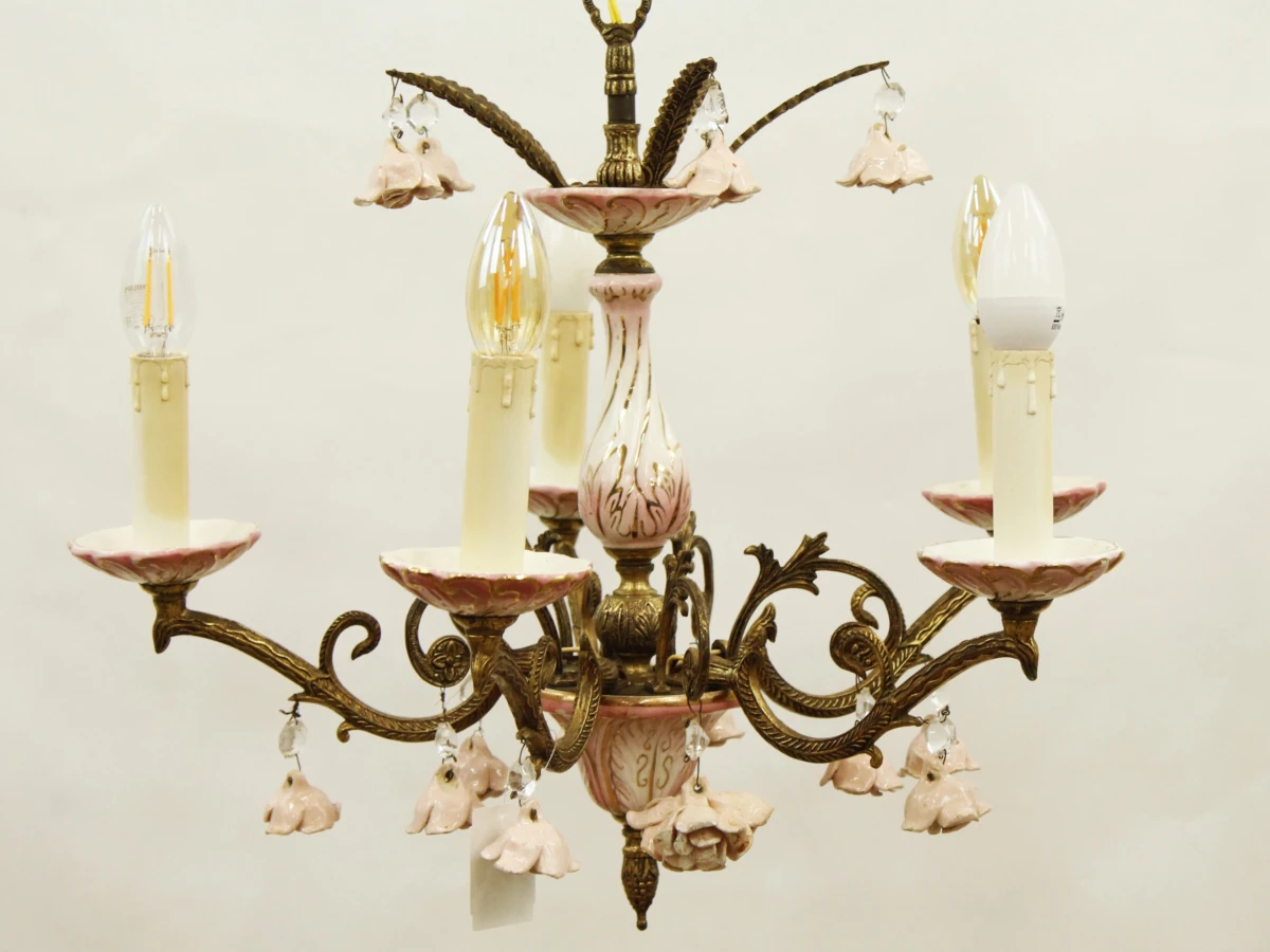 Vintage romantische kroonluchter  - 5-armig - roze porselein & messingkleurig metaal - bloemen - foto 8